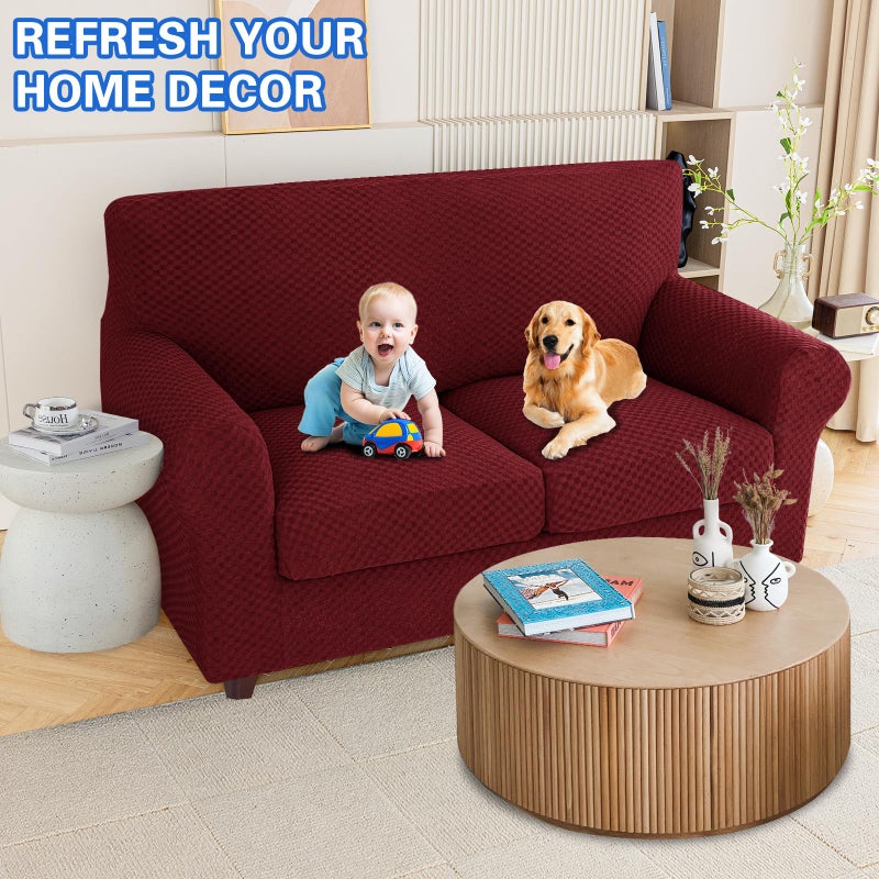 MAXIJIN 3 Piece Jacquard Couch Covers for 2 Cushion Couch Stretch Non Slip Love Seat Couch Cover for Dogs Pet Friendly Elastic Furniture Protector Loveseat Slipcovers (Loveseat, Wine Red) - Image 2